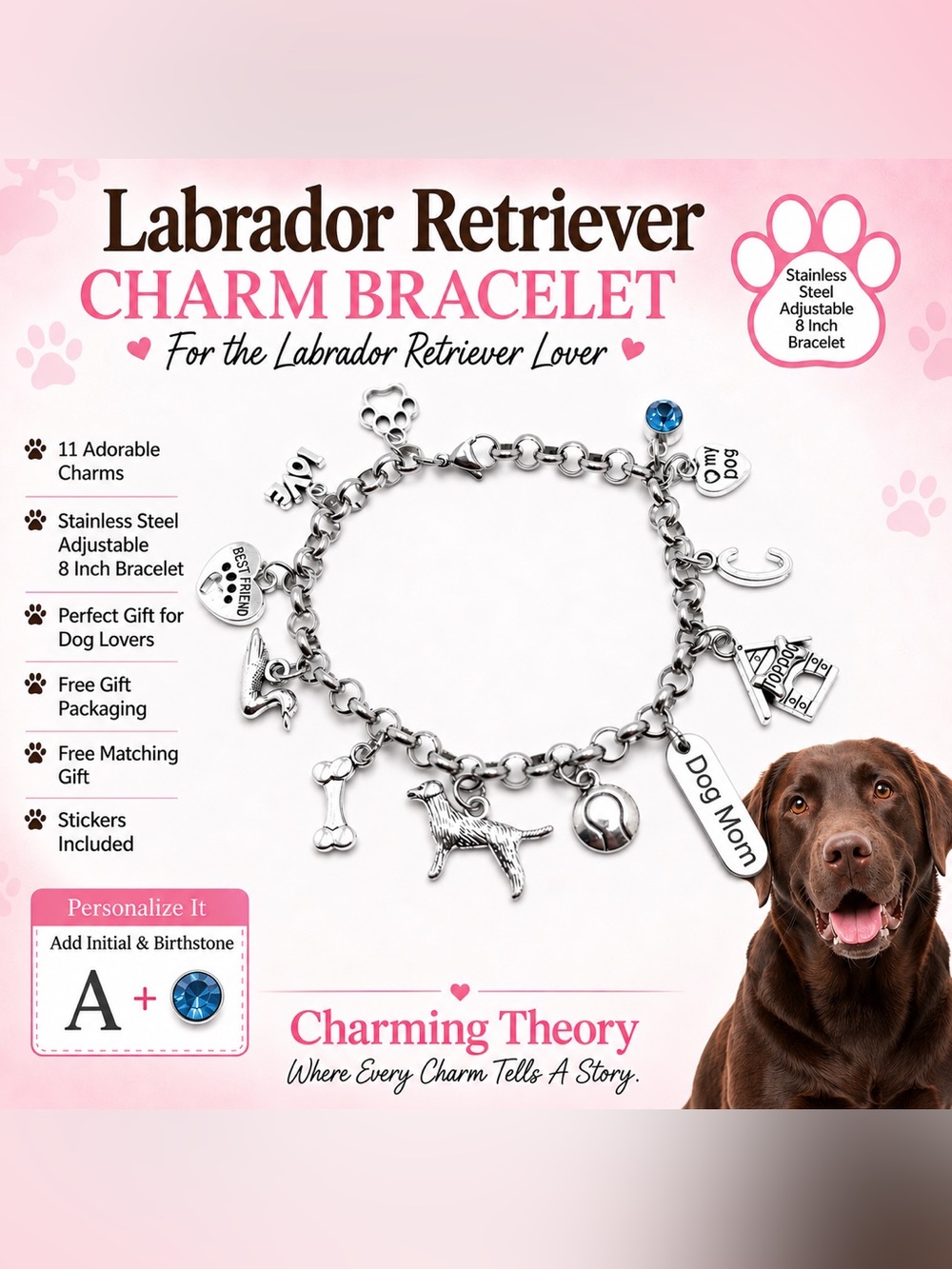 Labrador Retriever Charm Bracelet, Lab Mom Gift, Dog Mom Jewelry, Labrador Lover